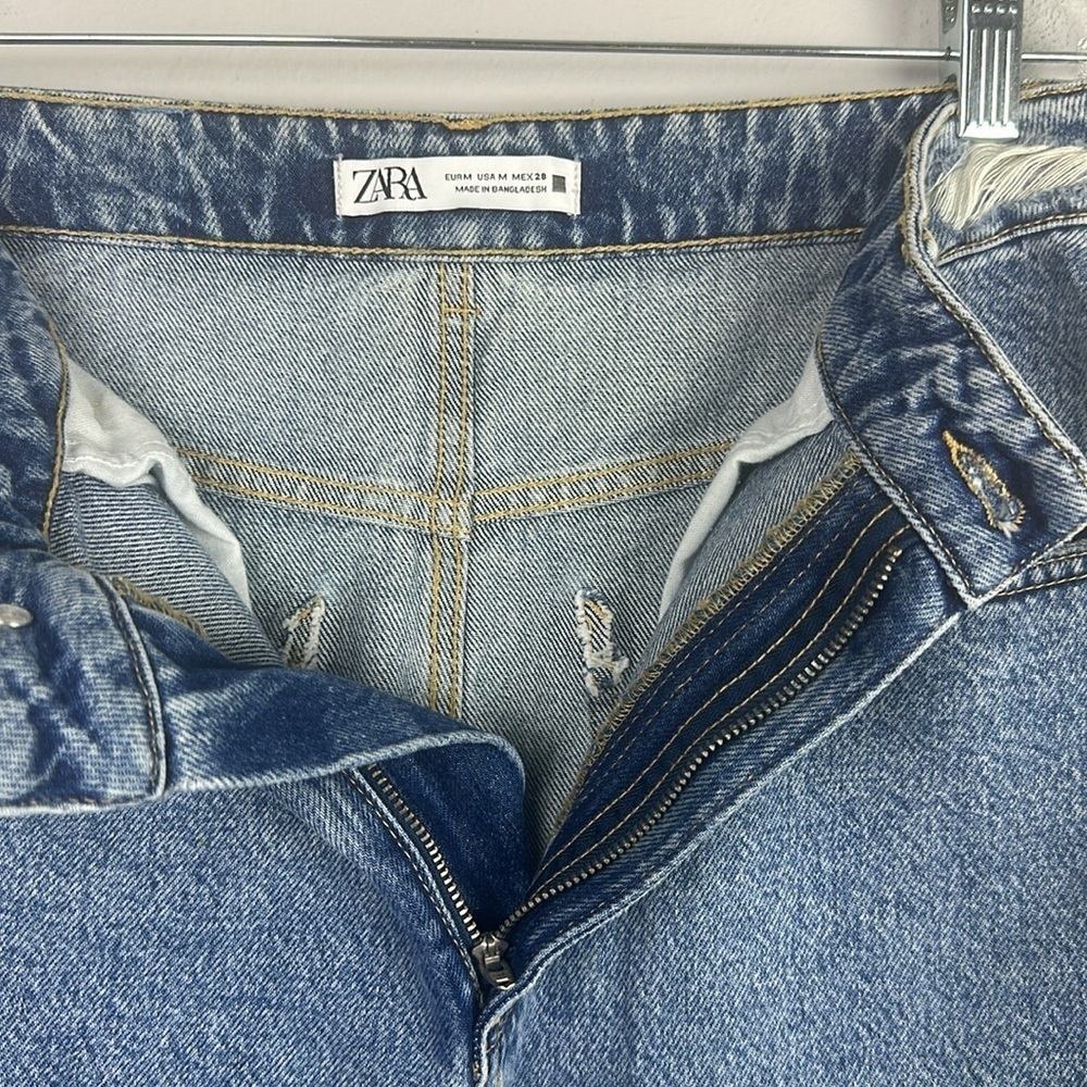 Zara Midi High Waisted Denim Skirt Blue Cotton Size M Distressed Split Front Hem - Picture 13 of 16